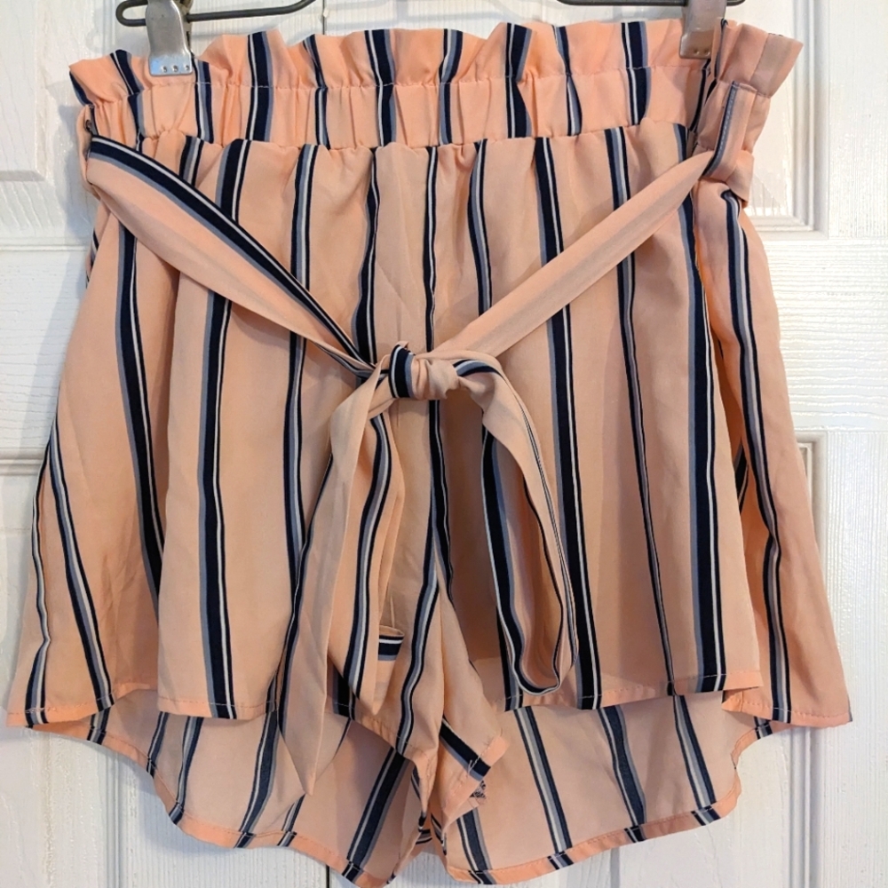 Shein Paper bag Shorts Size Med light pink with white and blue pinstripes